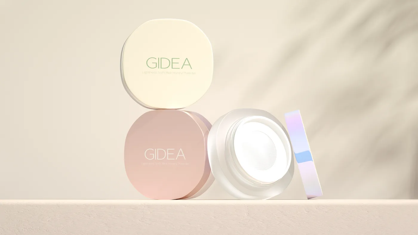 lightness Soft Mist Honey Powder compacts in cream and light pink from Gidea Cosmetic Packaging