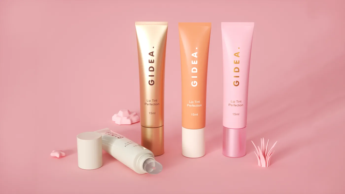 GIDEA Lip Tint Perfection 15ml in three colors (gold, peach, and pink) displayed on a pink background