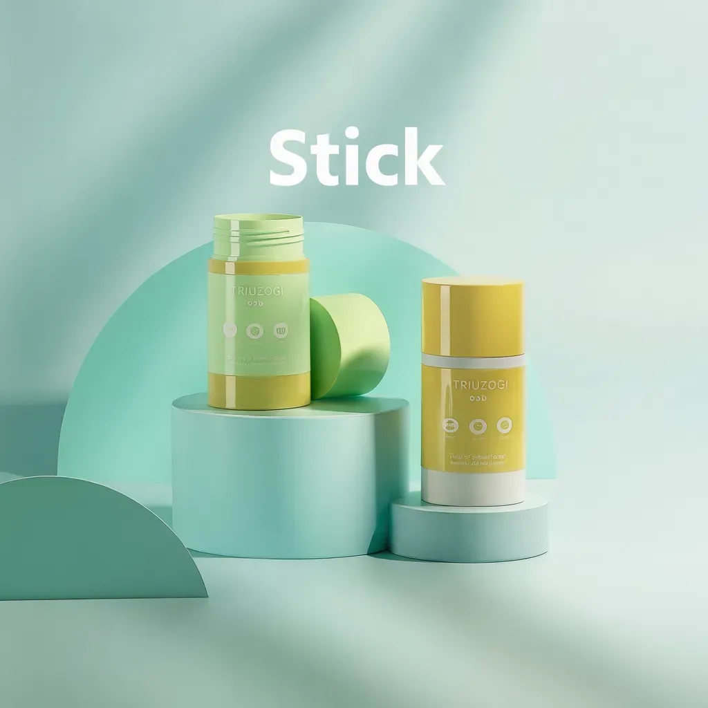 Two cosmetic stick containers showcasing a children's sunscreen stick and a deodorant stick, ideal for stick packaging product listings.